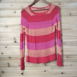525 America Sweater Womens‎ Medium Red Orange Stripe Open Knit Colorful